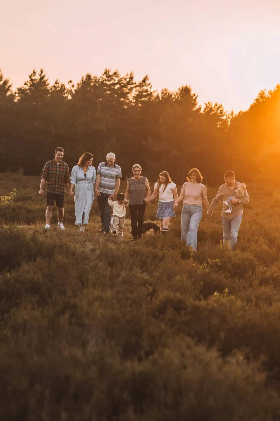 Familie op een rij in de heide met de zon erachter